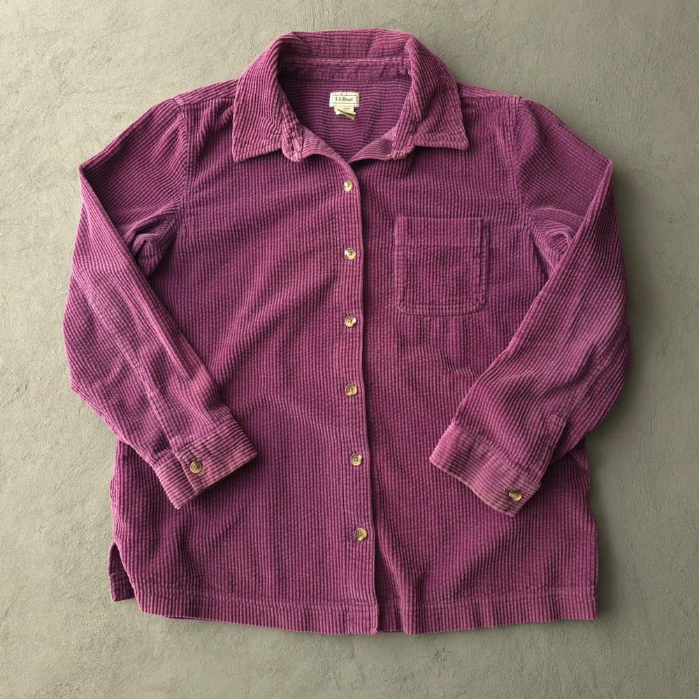 Vintage 2000s LL Bean Purple Corduroy Button Up Shirt Large Petite Long Sleeve